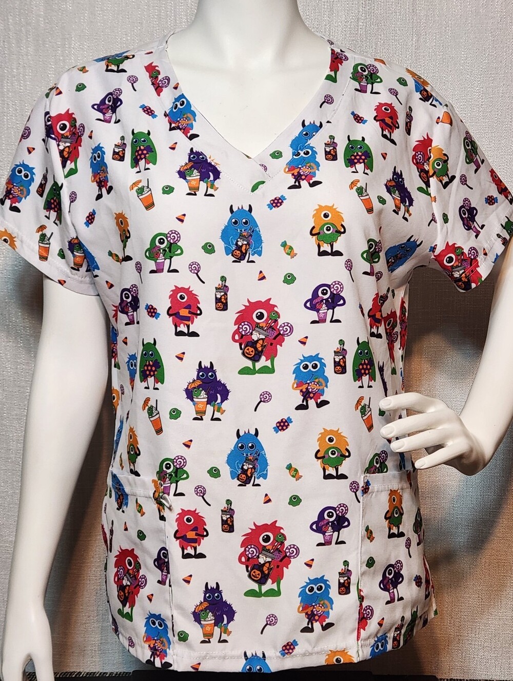 Gabby Brooke Scrub Top Happy Monsters Medium
